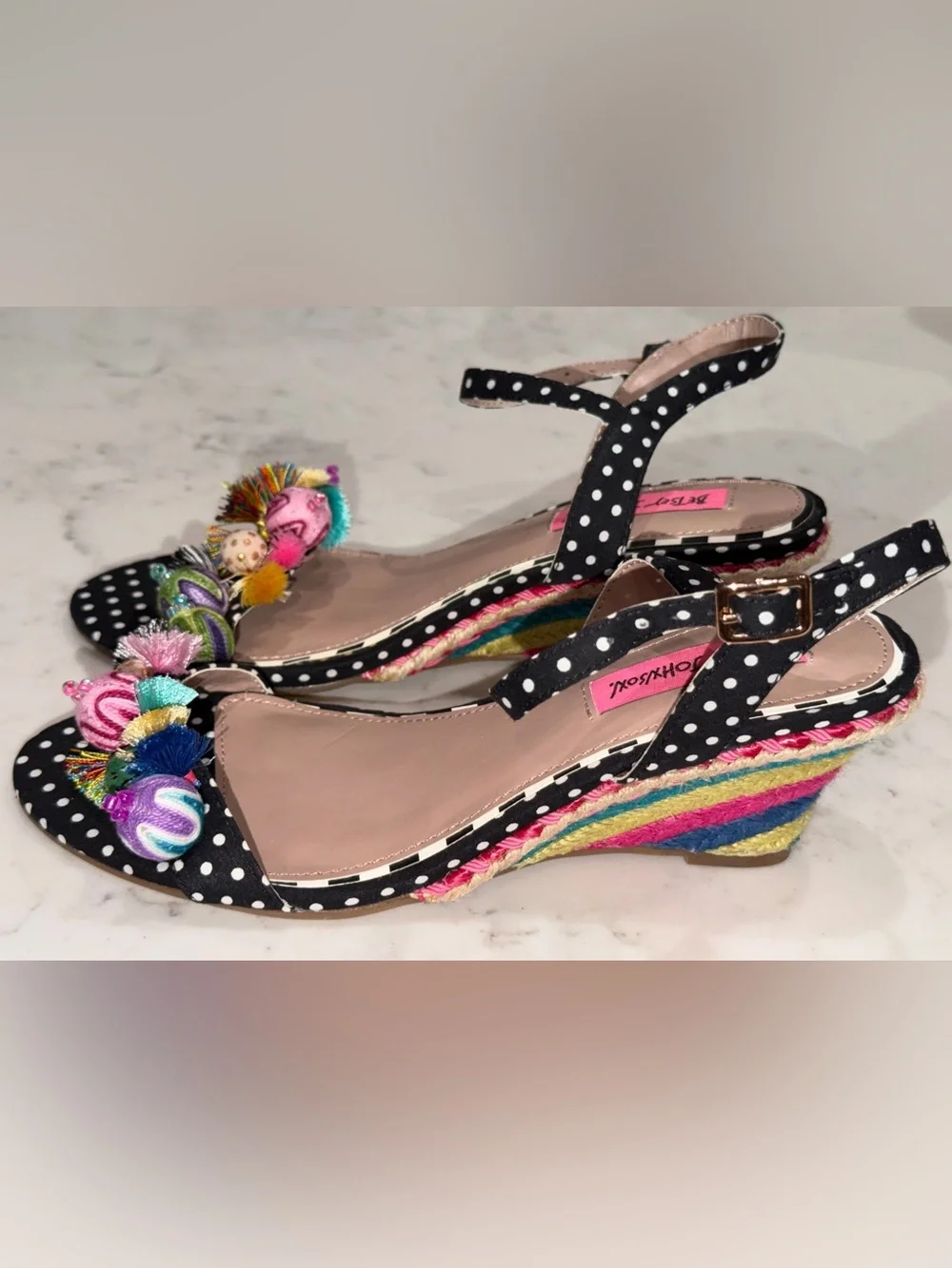 Betsey Johnson Black Polka Dot Wedge Sandals with Pink Insole & Multicolor Trim
